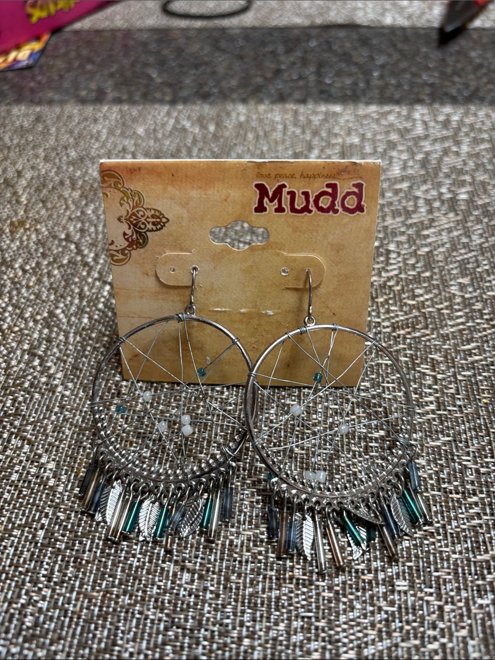 Mudd Silver-Tone Dreamcatcher Hoop Earrings with Teal Accents